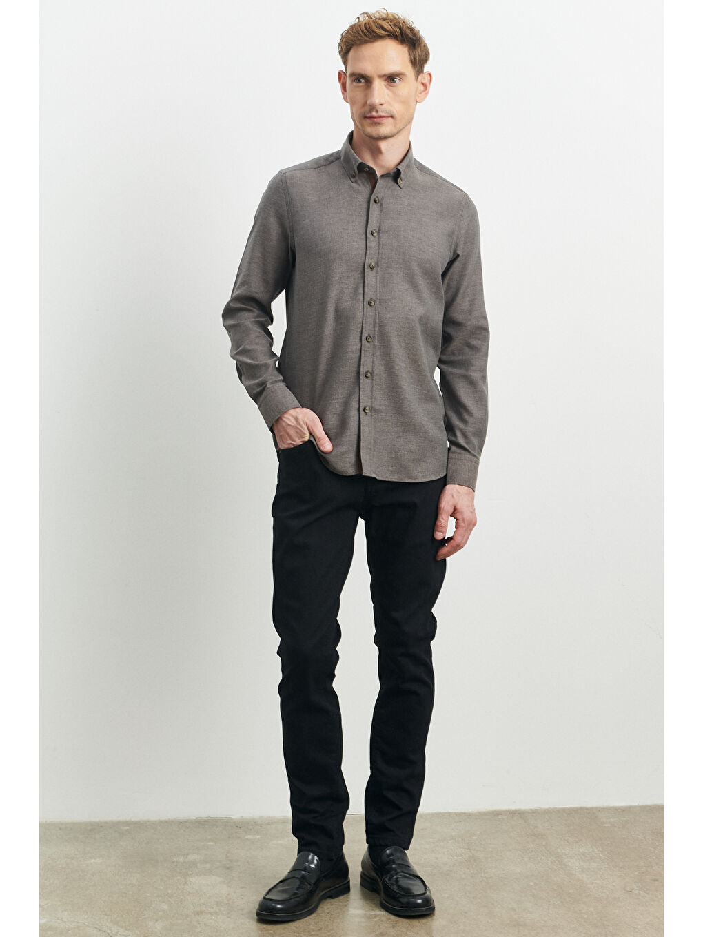 Erkek Kahverengi Slim Fit Dar Kesim Düğmeli Yaka Flanel Oduncu Gömlek-1