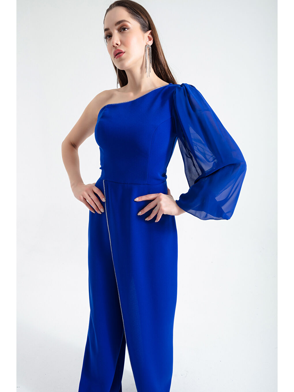 Mavi Kadın Saks Tek Kol Uzun Abiye Tulum-2