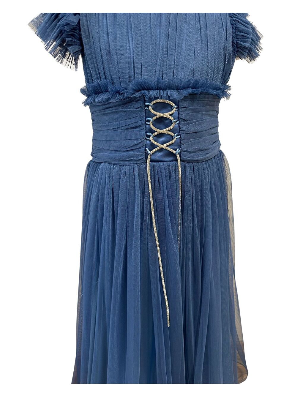 Mavi Beli Taşlı Püsküllü Abiye 3005-2