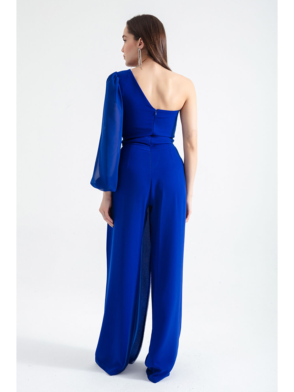 Mavi Kadın Saks Tek Kol Uzun Abiye Tulum-4