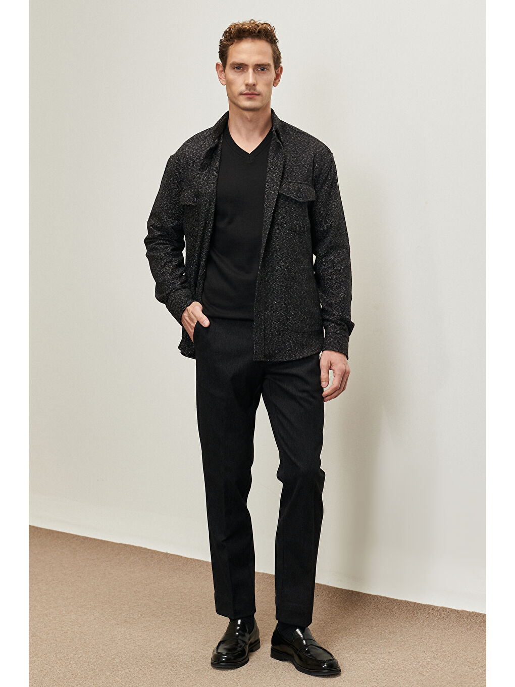 Erkek Antrasit Oversize Fit Geniş Kesim Düğmeli Yaka Desenli Kışlık Gömlek Ceket-1