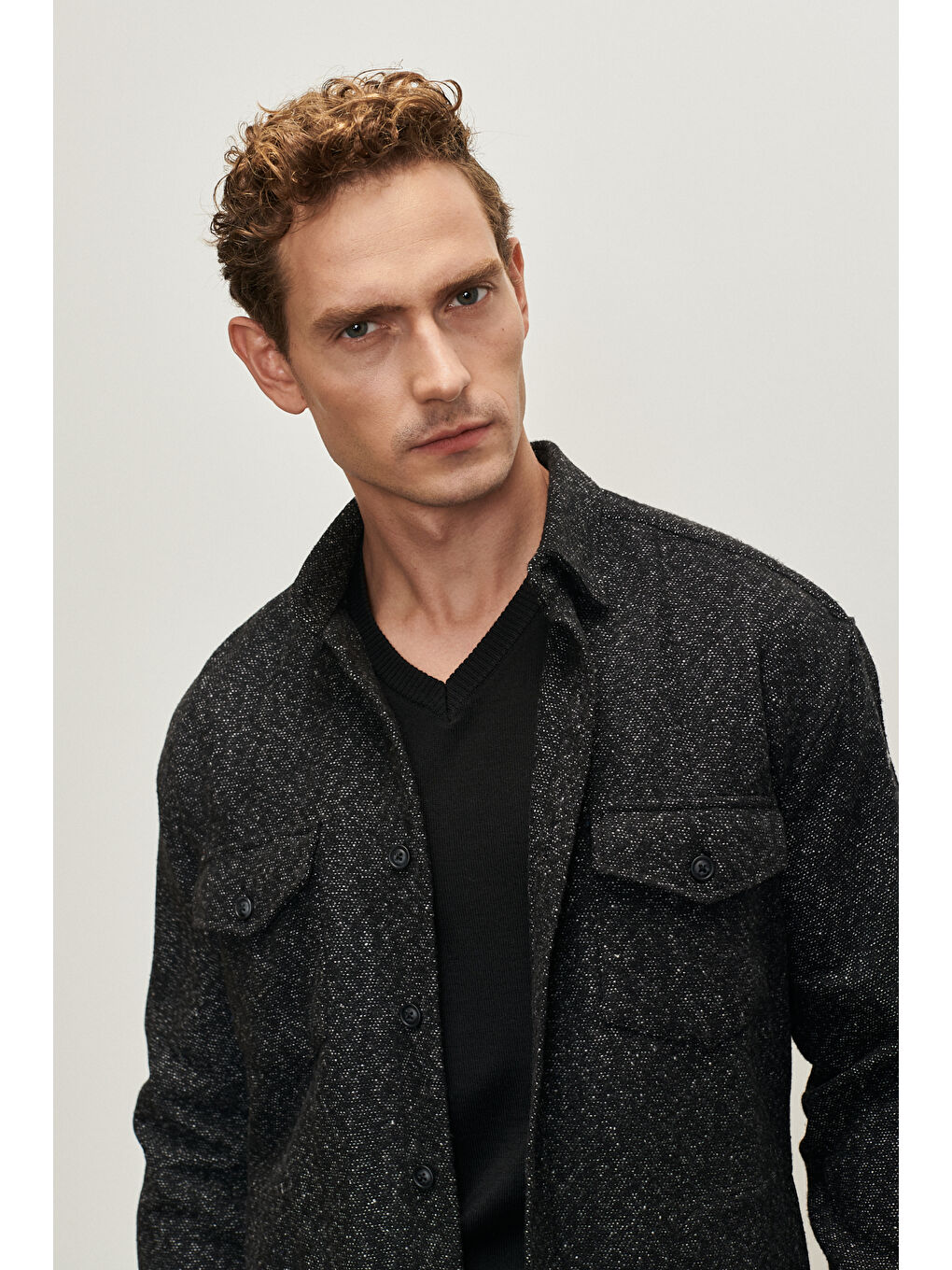 Erkek Antrasit Oversize Fit Geniş Kesim Düğmeli Yaka Desenli Kışlık Gömlek Ceket-2