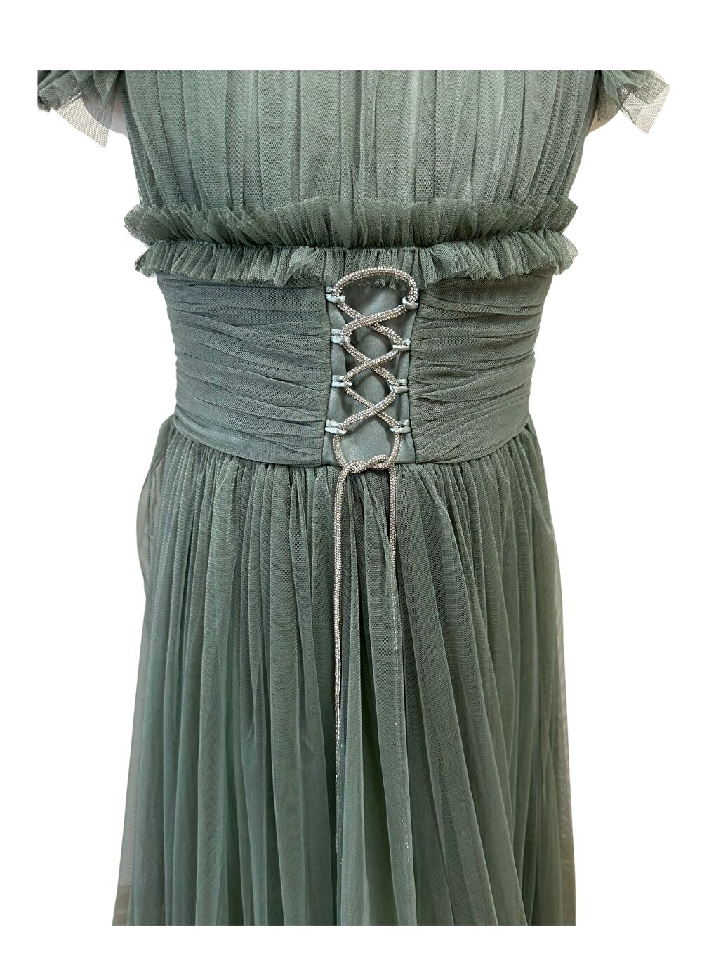 Yeşil Beli Taşlı Püsküllü Abiye 3005-1