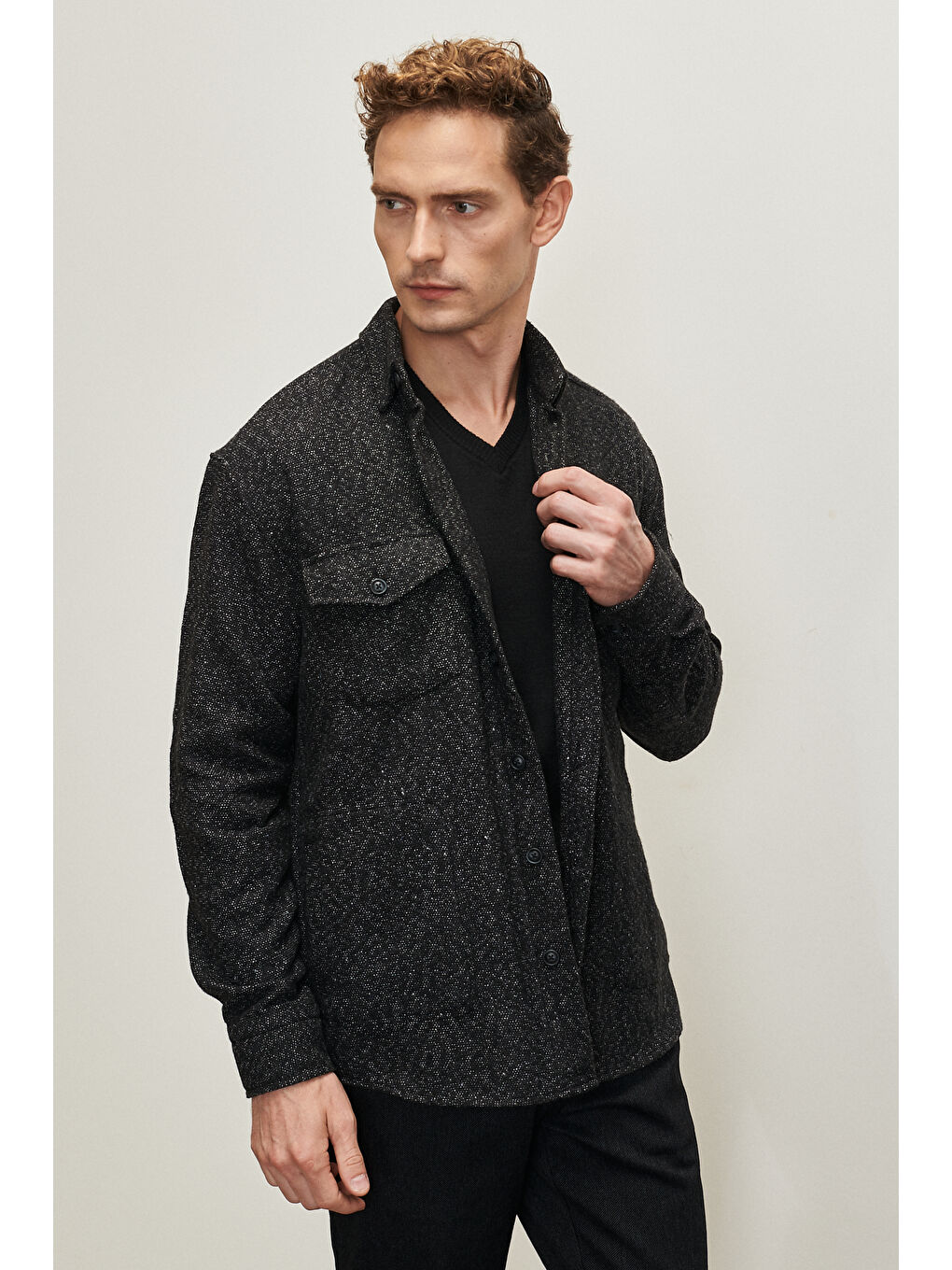 Erkek Antrasit Oversize Fit Geniş Kesim Düğmeli Yaka Desenli Kışlık Gömlek Ceket-3