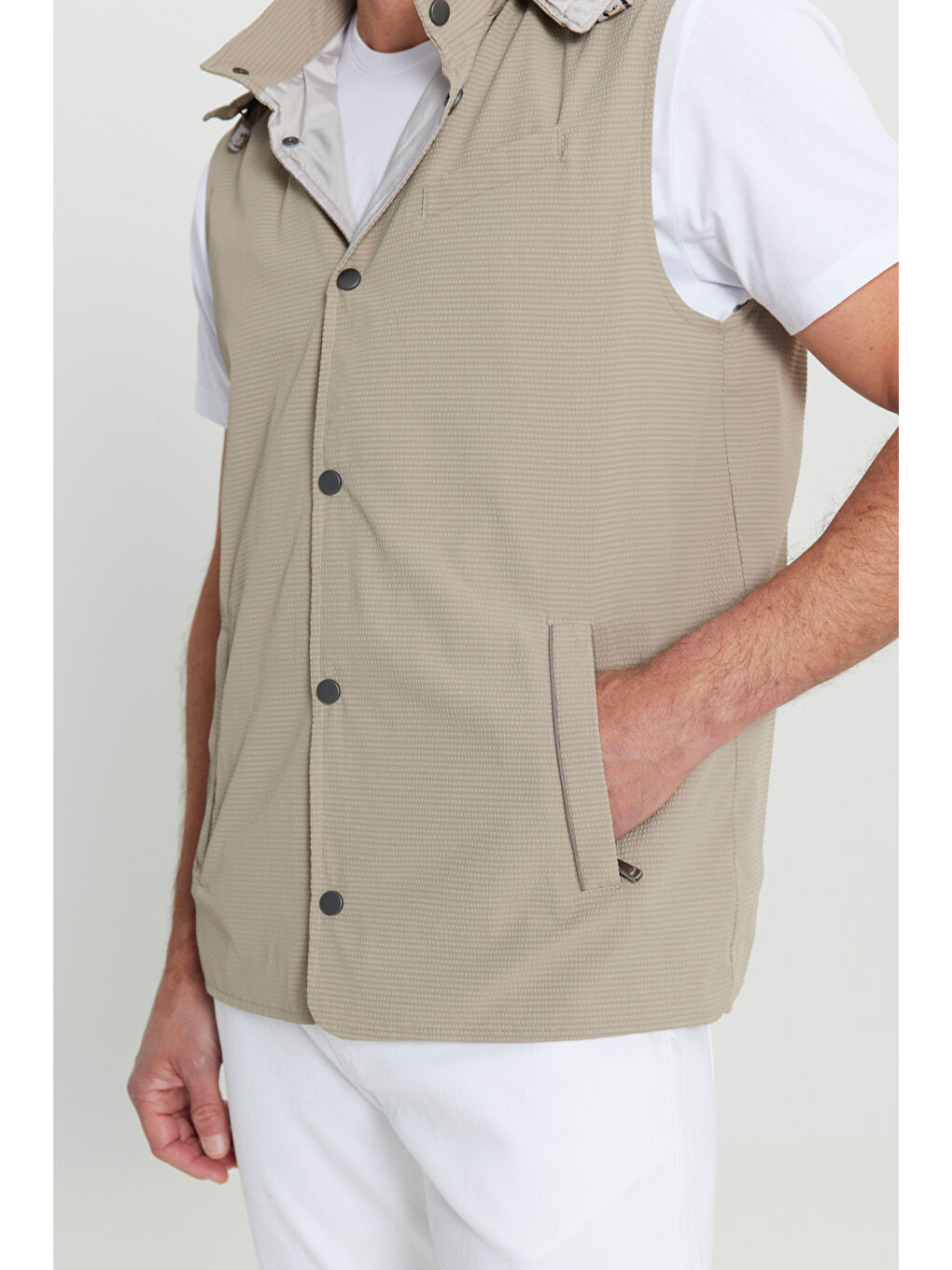 Erkek Bej Standart Fit Normal Kesim Desenli Casual Yelek-2