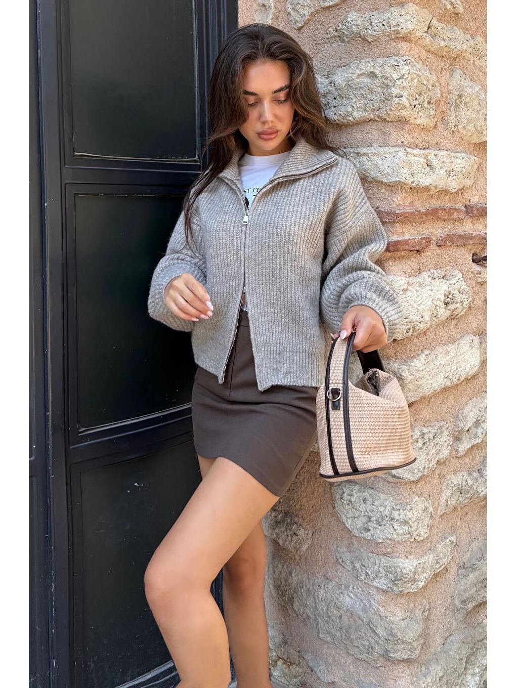 Bej Vizon Çift Fermuarlı Kadın Triko Hırka Mg2532-3