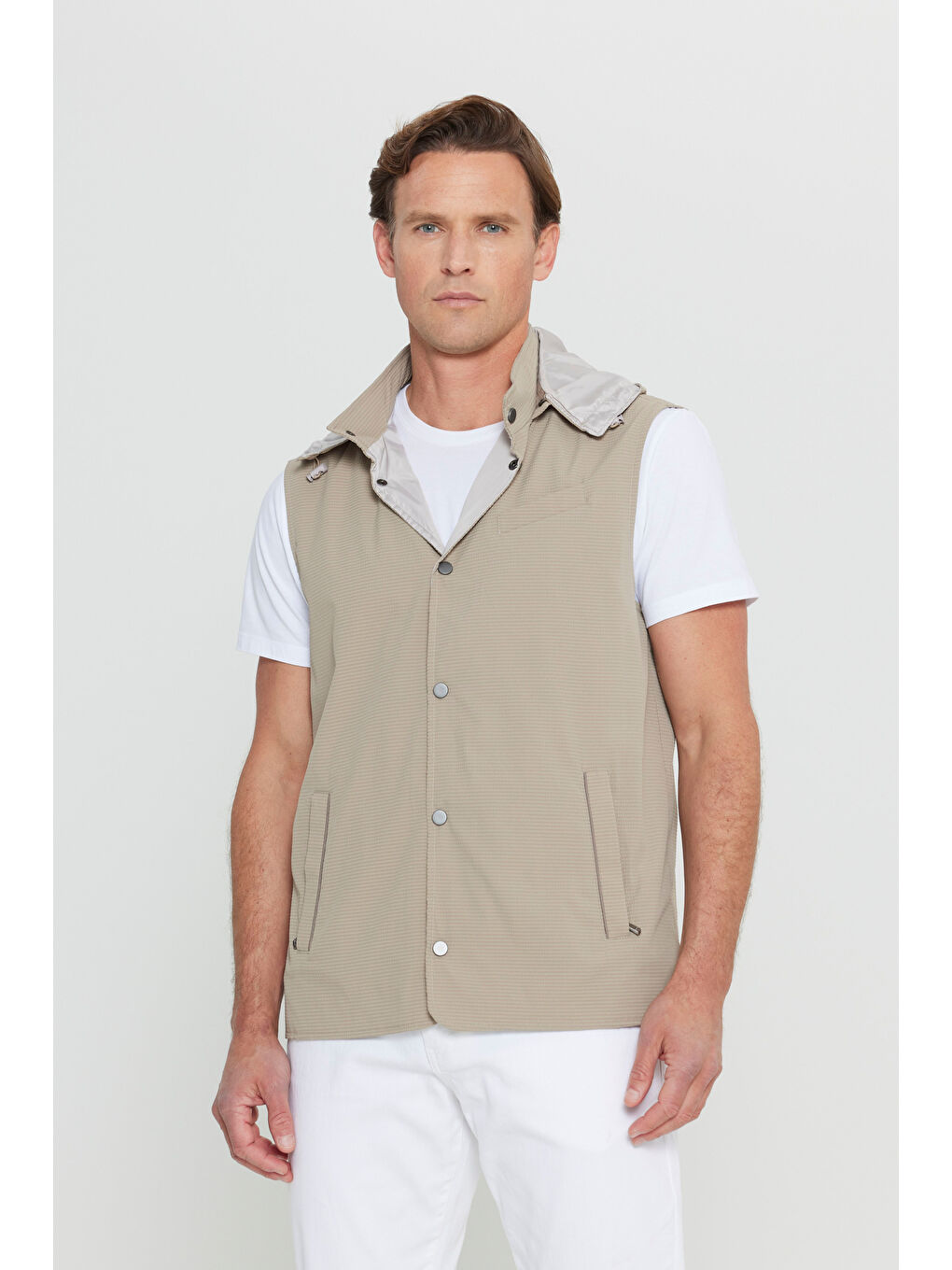 Erkek Bej Standart Fit Normal Kesim Desenli Casual Yelek-5