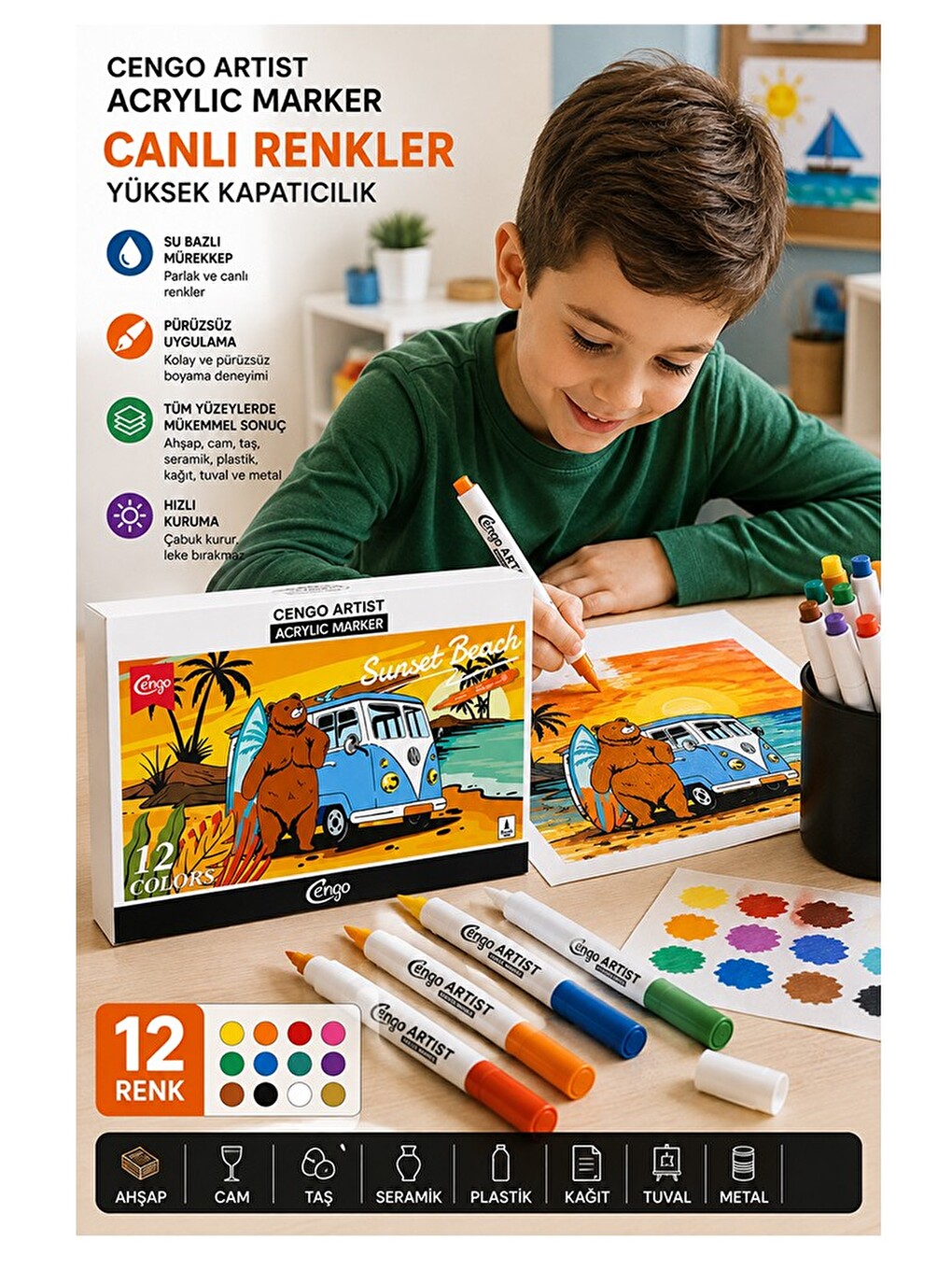 12 Renk Akrilik Markör Keçeli Kalem 1 Paket Cengo 12 Li Acrylic Marker Taş Cam Metal Seramik Plastik-1