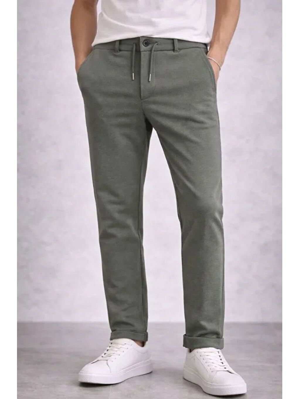 Erkek Diagonel Mikro Dokulu Duble Paça Cepli Pantolon Bağcıklı Bel, Modern Kesim - Haki