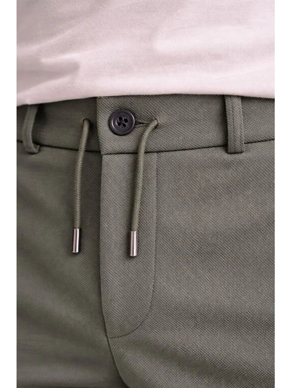 Erkek Diagonel Mikro Dokulu Duble Paça Cepli Pantolon Bağcıklı Bel, Modern Kesim - Haki-1