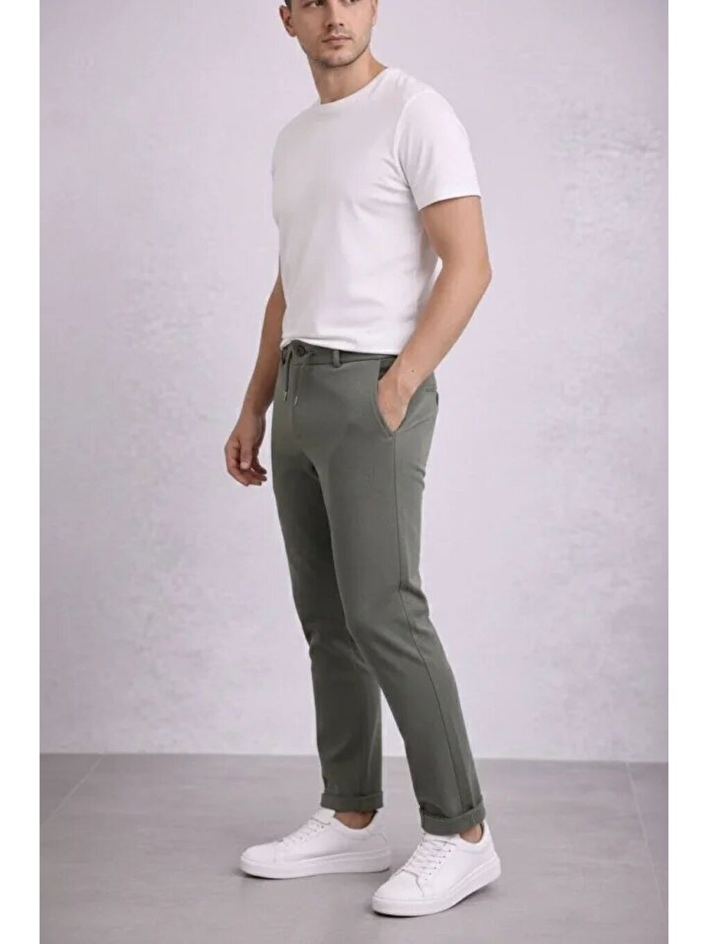Erkek Diagonel Mikro Dokulu Duble Paça Cepli Pantolon Bağcıklı Bel, Modern Kesim - Haki-2