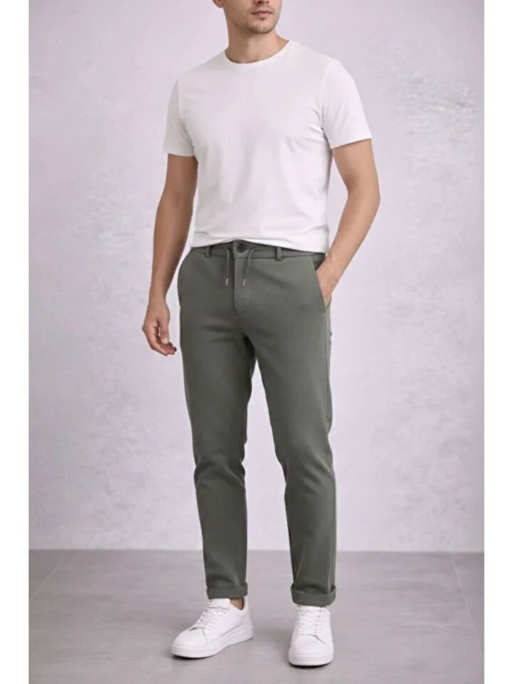 Erkek Diagonel Mikro Dokulu Duble Paça Cepli Pantolon Bağcıklı Bel, Modern Kesim - Haki-3