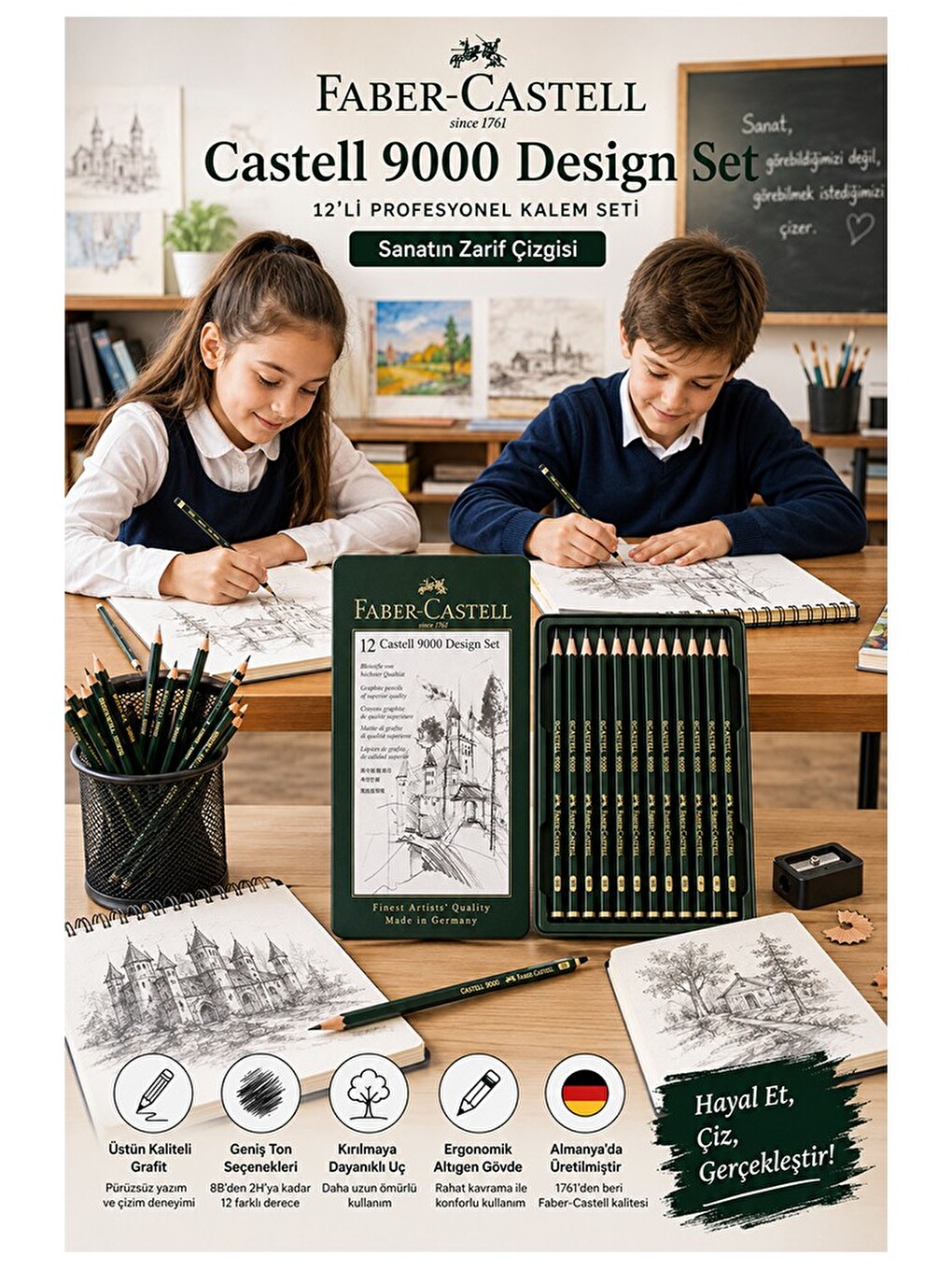 Resim Kalemi Teneke Kutu Faber Castell Dereceli Kalem Seti Karakalem 12 Li Set 5b 4b 3b 2b B Hb F H