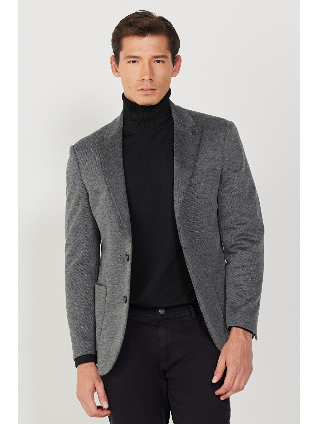 Erkek Antrasit Slim Fit Dar Kesim Mono Yaka Desenli Ceket