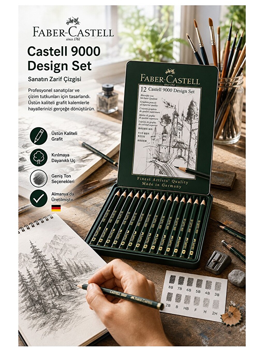 Resim Kalemi Teneke Kutu Faber Castell Dereceli Kalem Seti Karakalem 12 Li Set 5b 4b 3b 2b B Hb F H-1