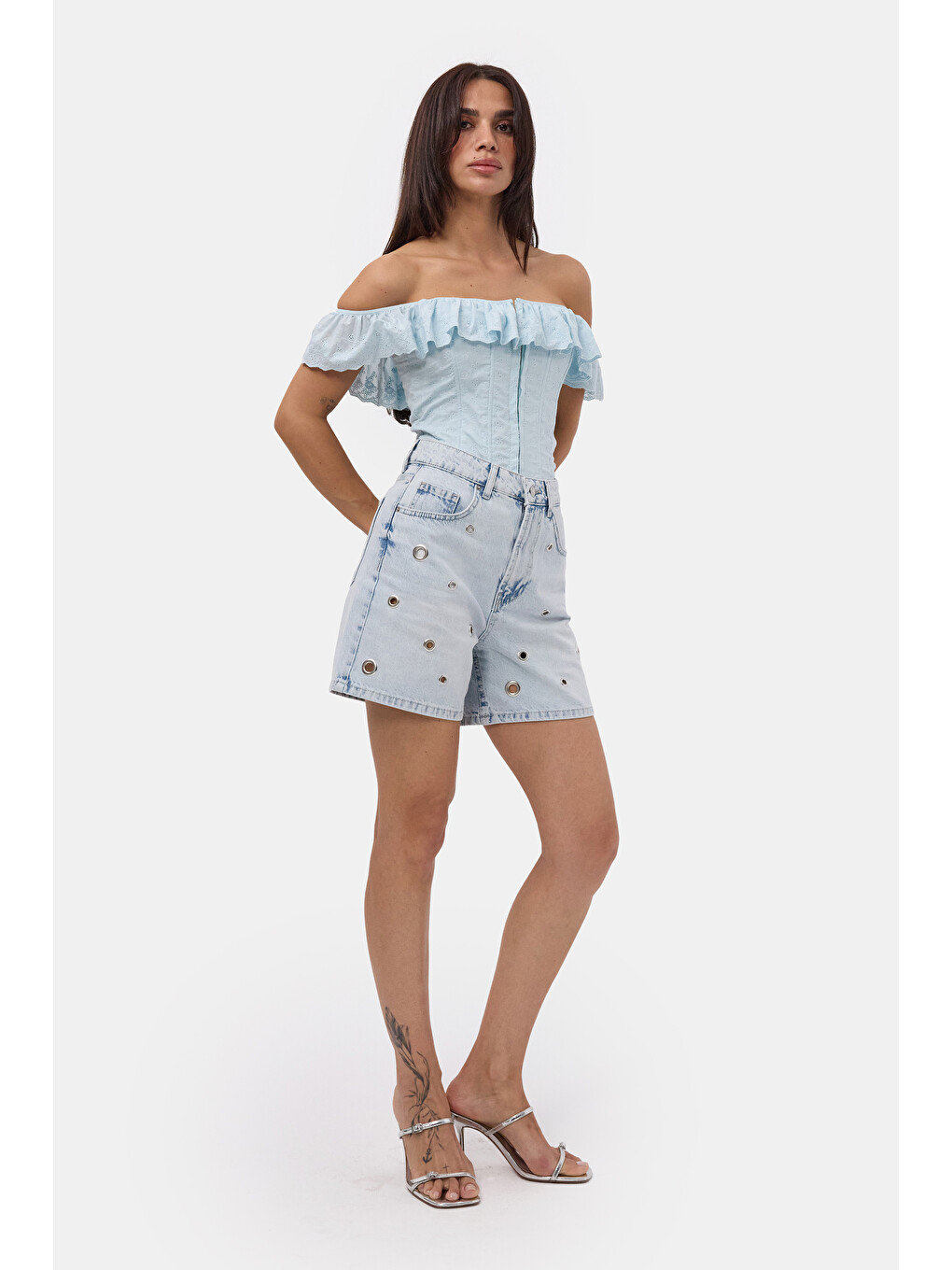 Mavi Kadın Jean Rengi 4s6-3 Relax Mom Kuş Gözü Detaylı Tasarım Denim Şort-2