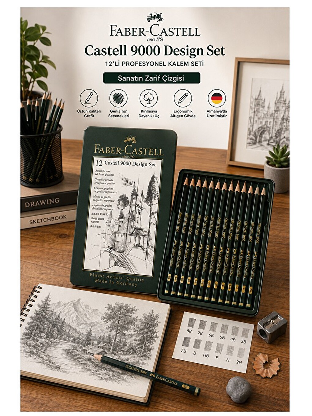 Resim Kalemi Teneke Kutu Faber Castell Dereceli Kalem Seti Karakalem 12 Li Set 5b 4b 3b 2b B Hb F H-3