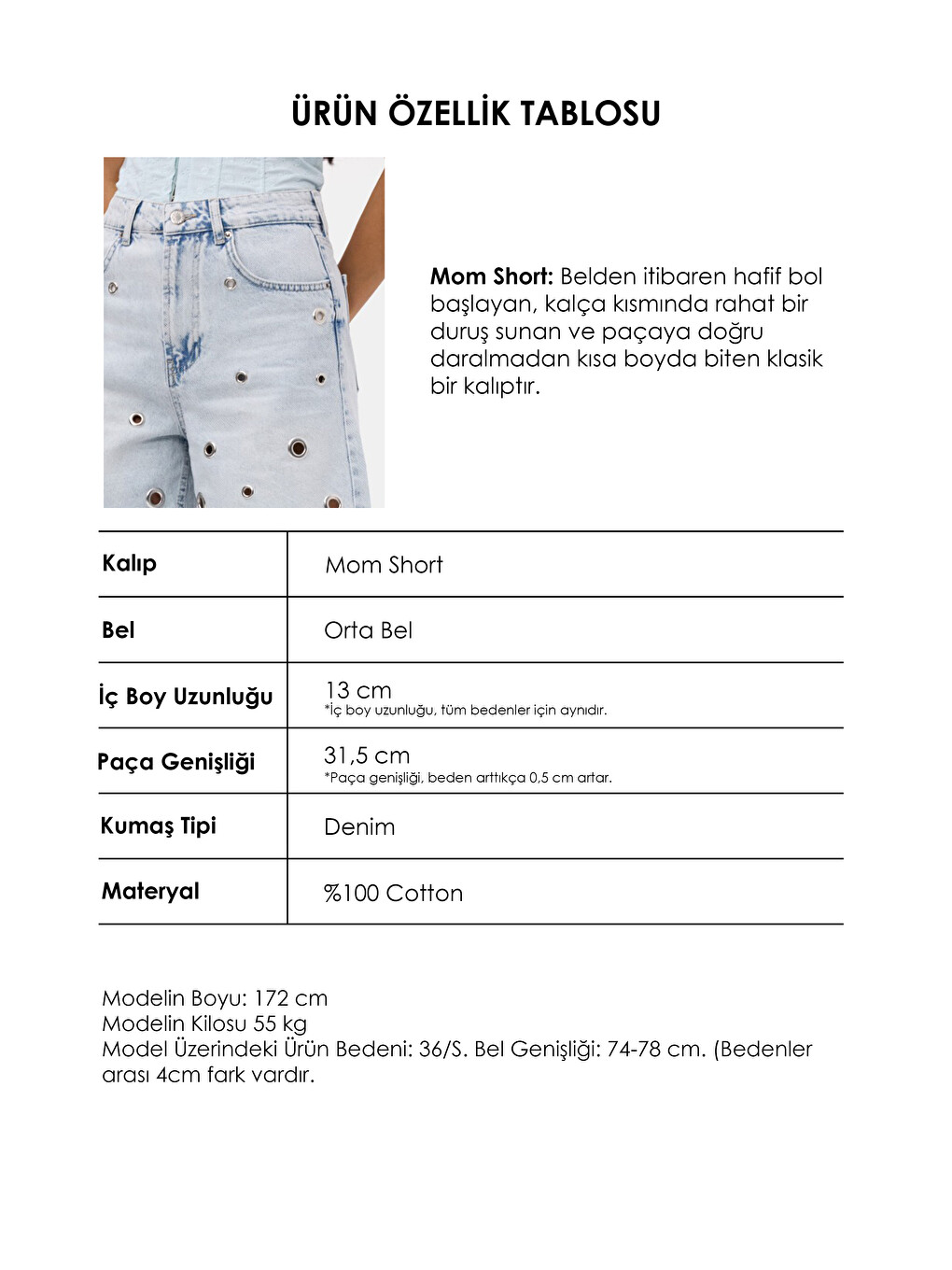 Mavi Kadın Jean Rengi 4s6-3 Relax Mom Kuş Gözü Detaylı Tasarım Denim Şort-4
