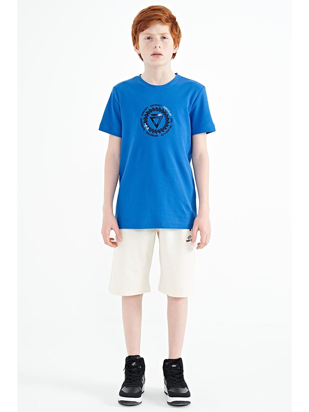 Mavi Saks Nakış İşleme Detaylı O Yaka Standart Kalıp Erkek Çocuk Tişört - 11115-2