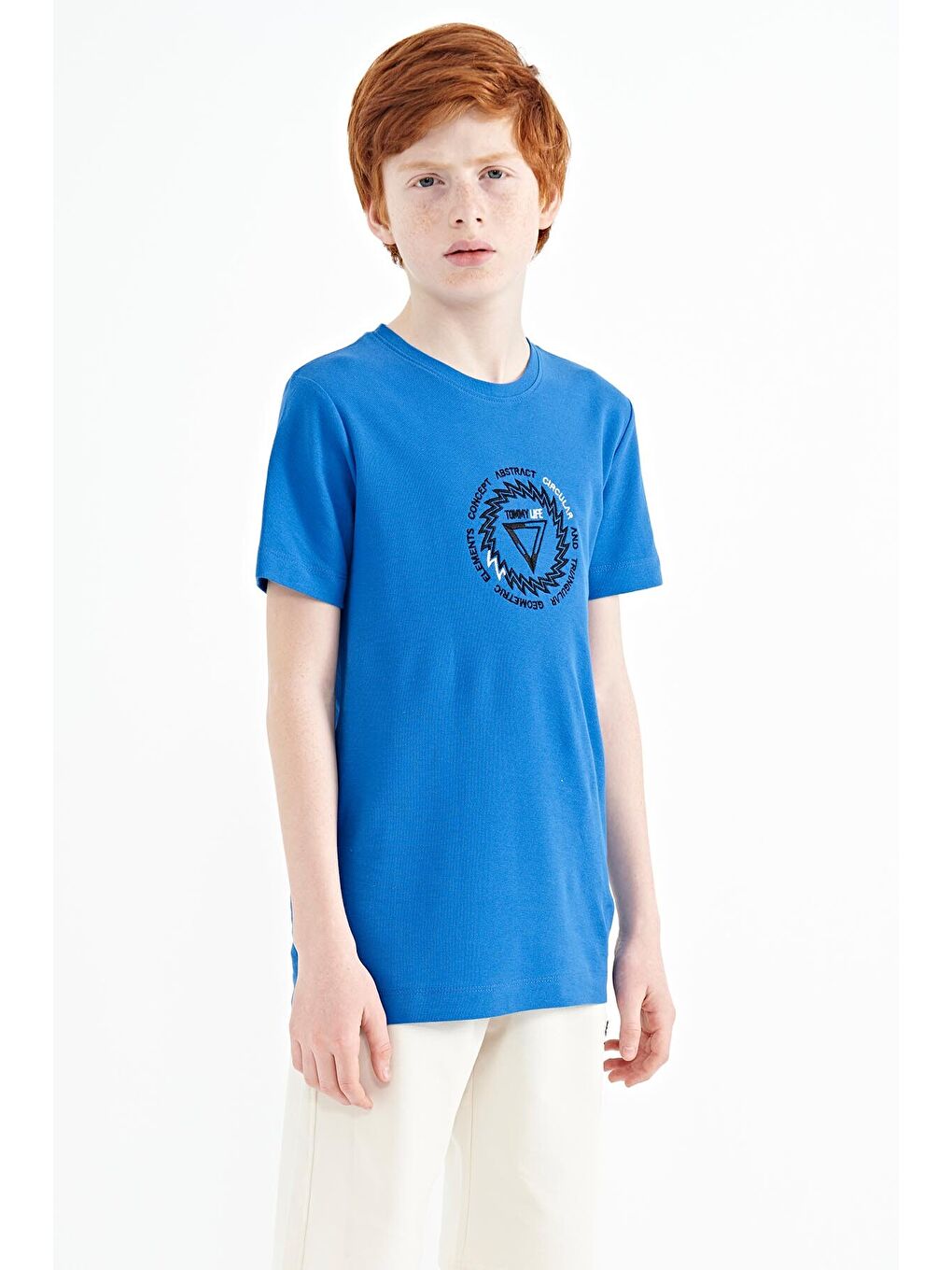 Mavi Saks Nakış İşleme Detaylı O Yaka Standart Kalıp Erkek Çocuk Tişört - 11115-4