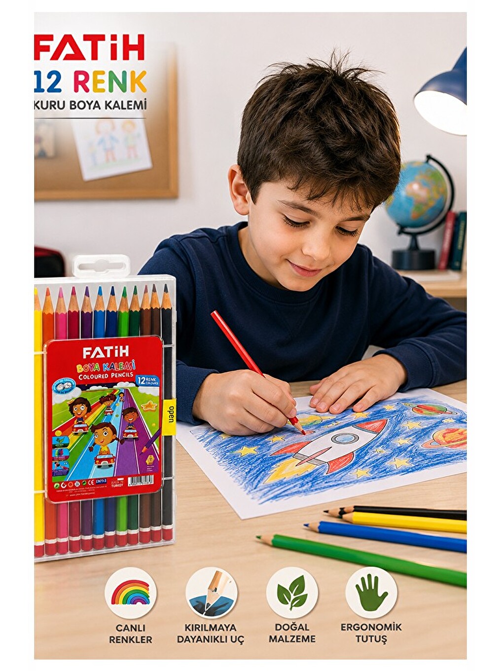 12 Li Kuru Boya Kalemi Plastik Kutu 1 Paket Fatih 12 Renk Kuruboya Tam Boy Renkli Kalem-2
