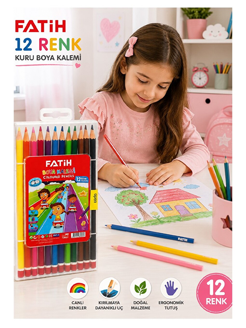 12 Li Kuru Boya Kalemi Plastik Kutu 1 Paket Fatih 12 Renk Kuruboya Tam Boy Renkli Kalem-3