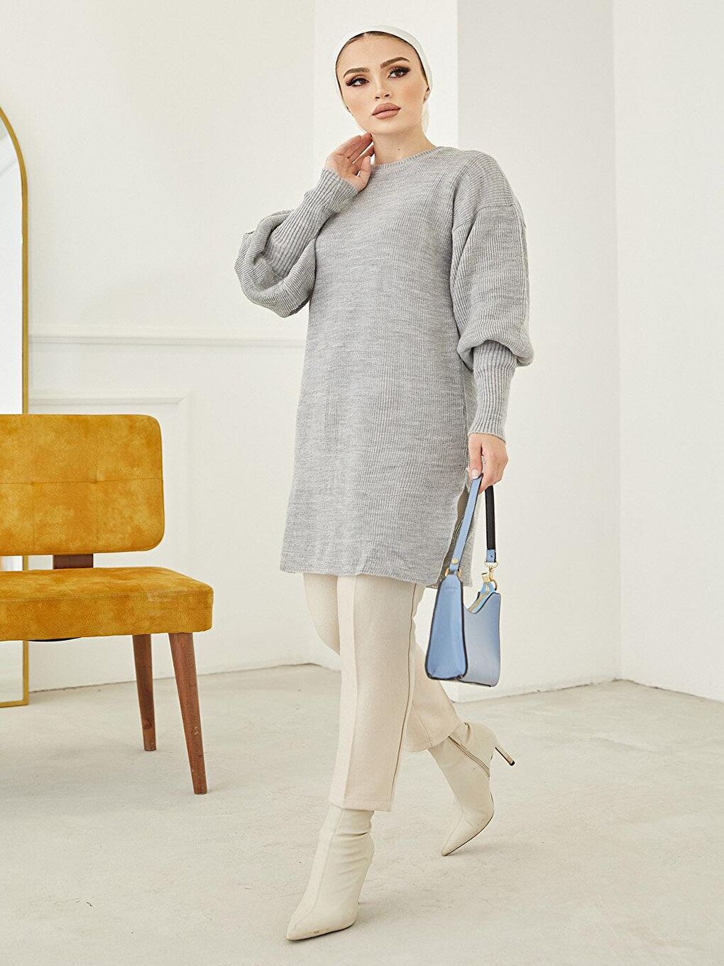 Balon Kol Kadın Gri Triko Kazak