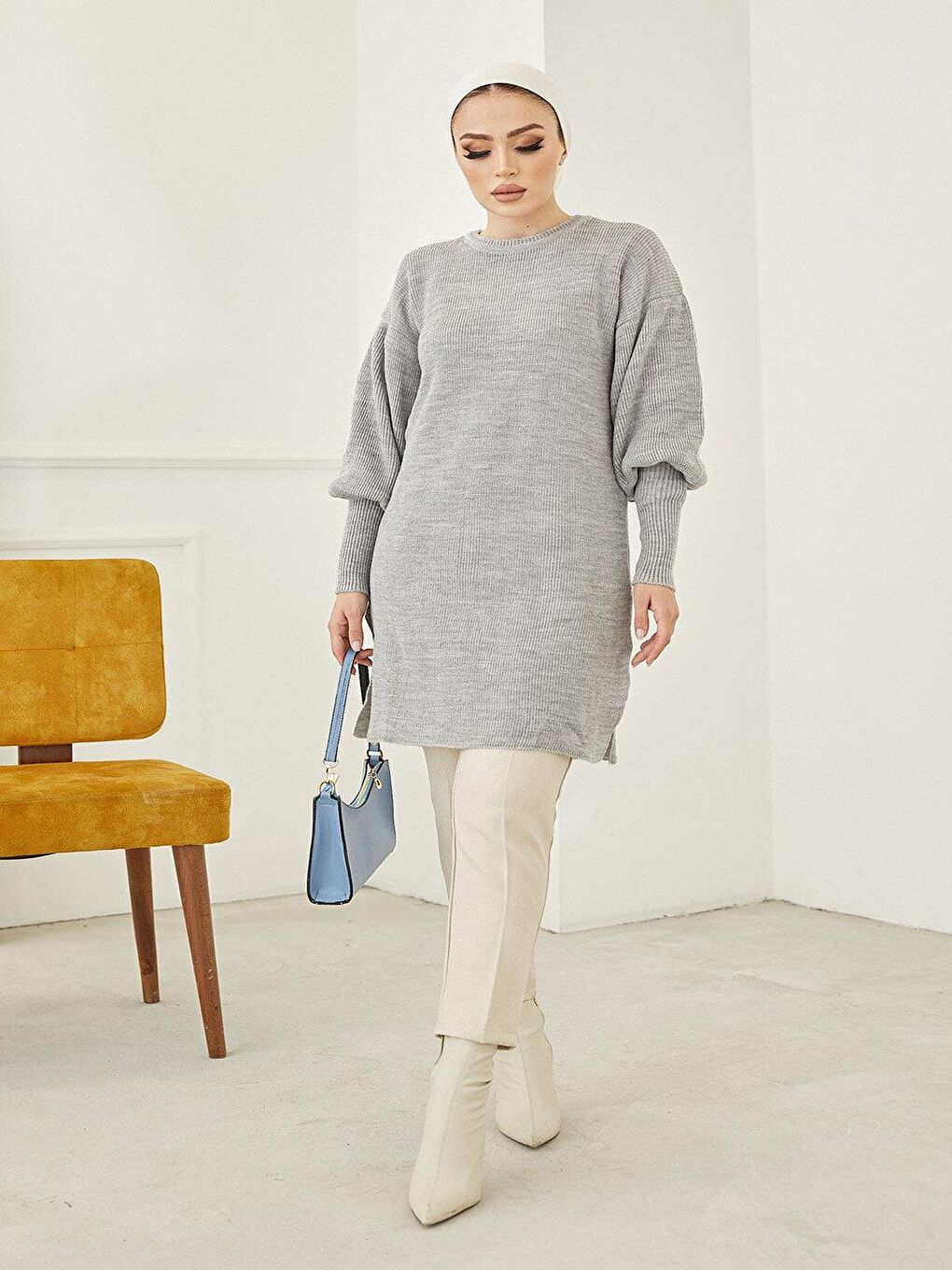 Balon Kol Kadın Gri Triko Kazak-1