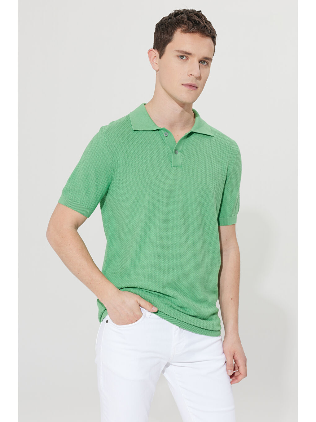 Erkek Yeşil Standart Fit Normal Kesim Polo Yaka %100 Pamuk Kısa Kollu Triko