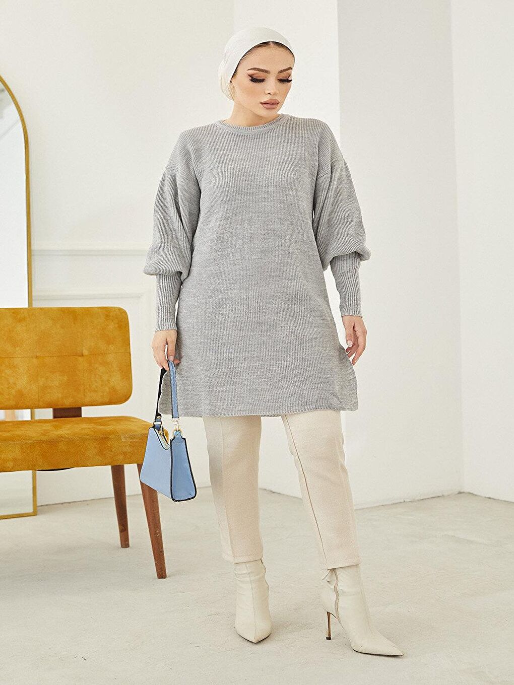 Balon Kol Kadın Gri Triko Kazak-2