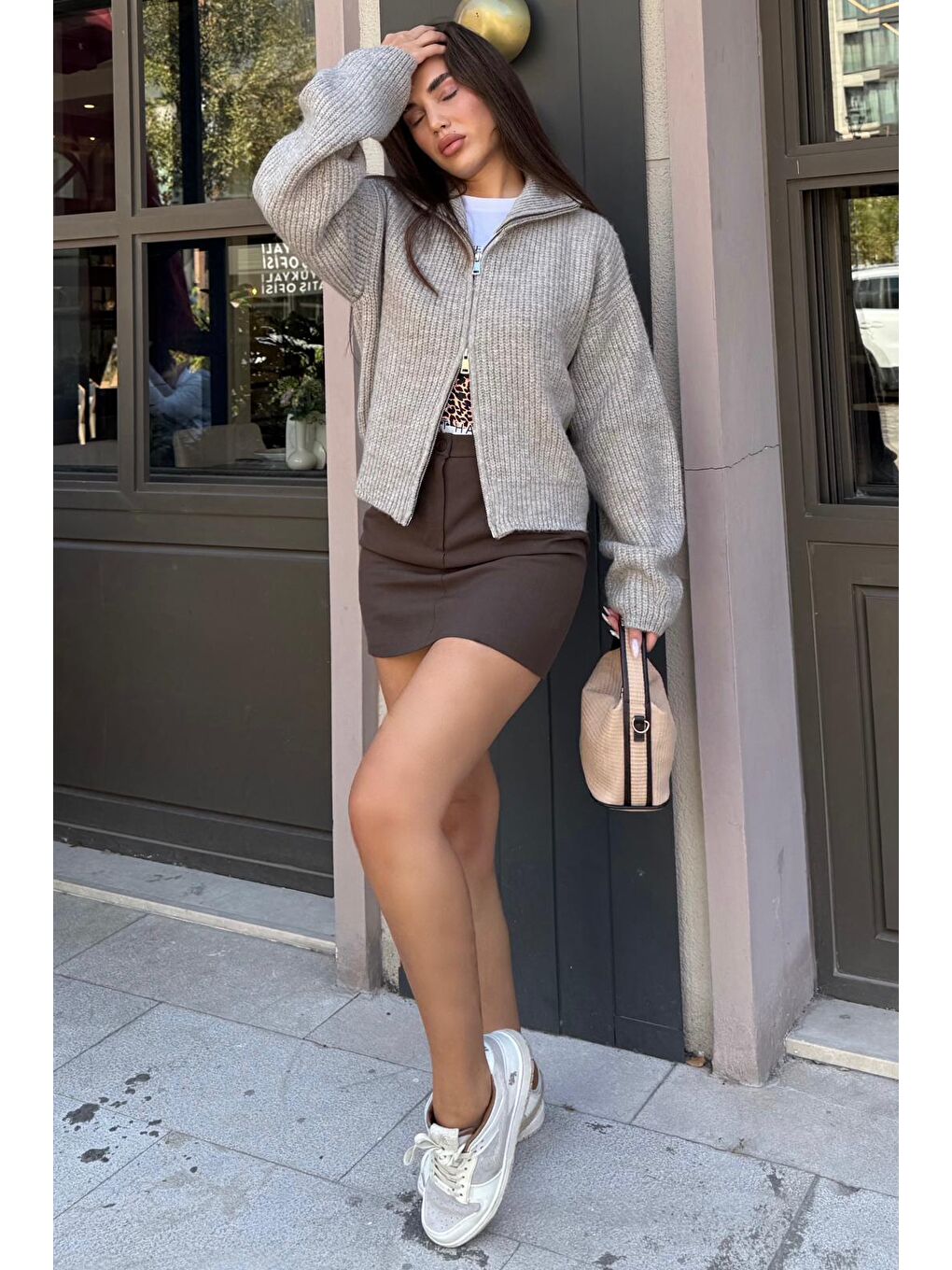 Bej Vizon Çift Fermuarlı Kadın Triko Hırka Mg2532-5