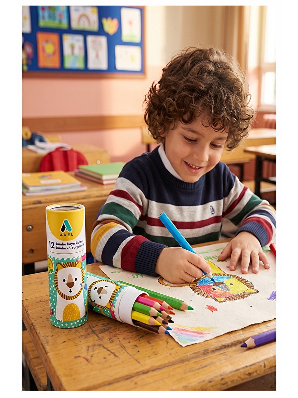 12 Li Jumbo Kuru Boya Kalemi Teneke Kutu 1 Paket Adel Kalın 12 Renk Jumbo Kuruboya Tam Boy Renkli-4