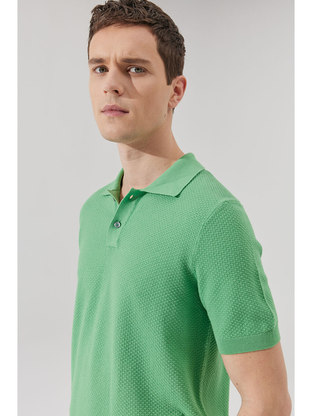 Erkek Yeşil Standart Fit Normal Kesim Polo Yaka %100 Pamuk Kısa Kollu Triko-3