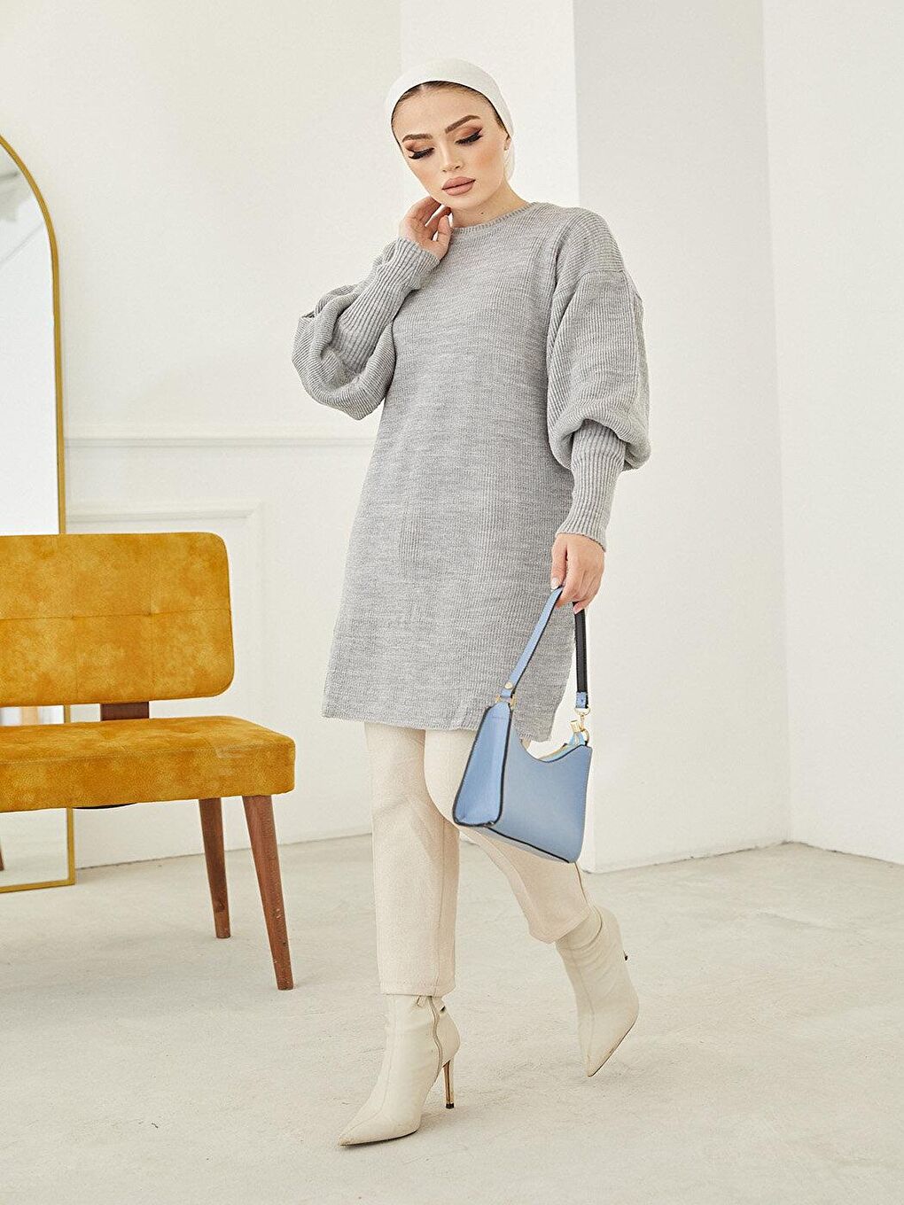 Balon Kol Kadın Gri Triko Kazak-3