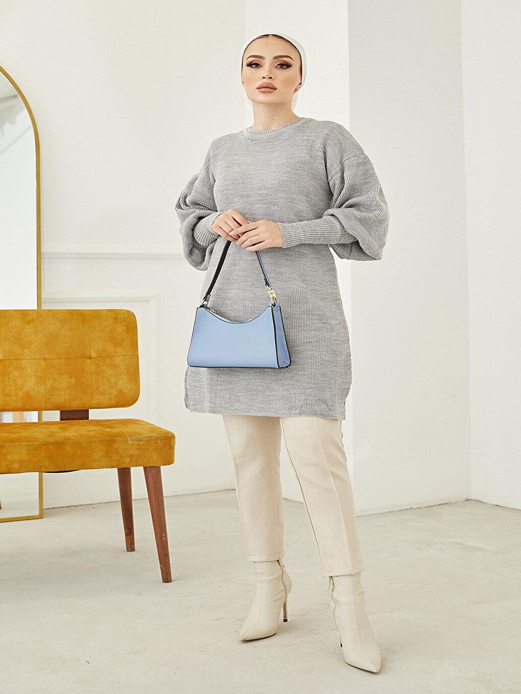 Balon Kol Kadın Gri Triko Kazak-4