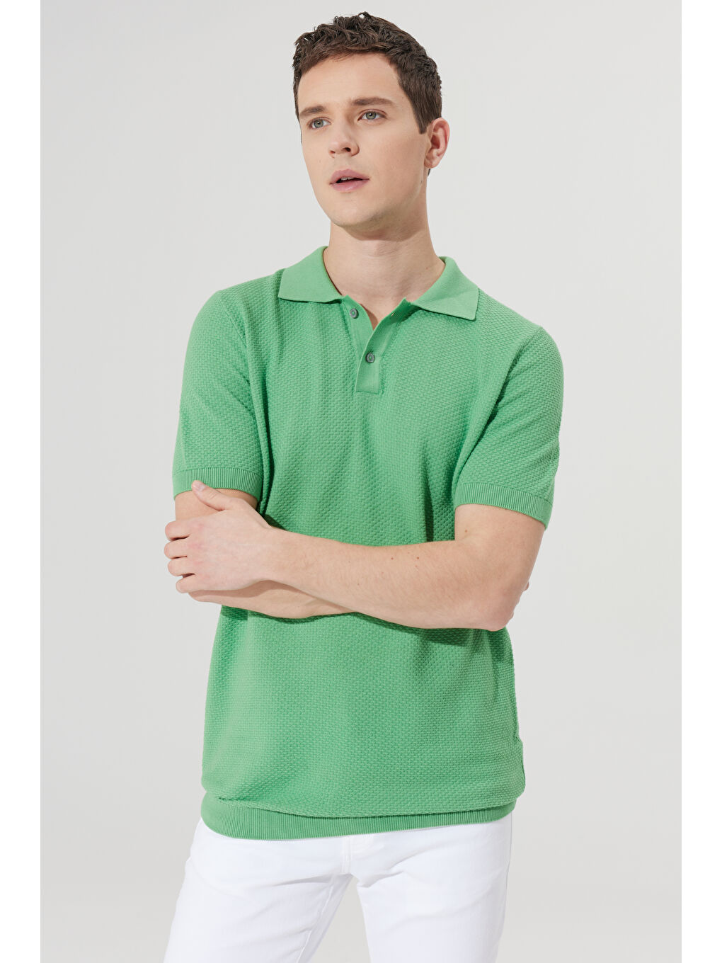 Erkek Yeşil Standart Fit Normal Kesim Polo Yaka %100 Pamuk Kısa Kollu Triko-5