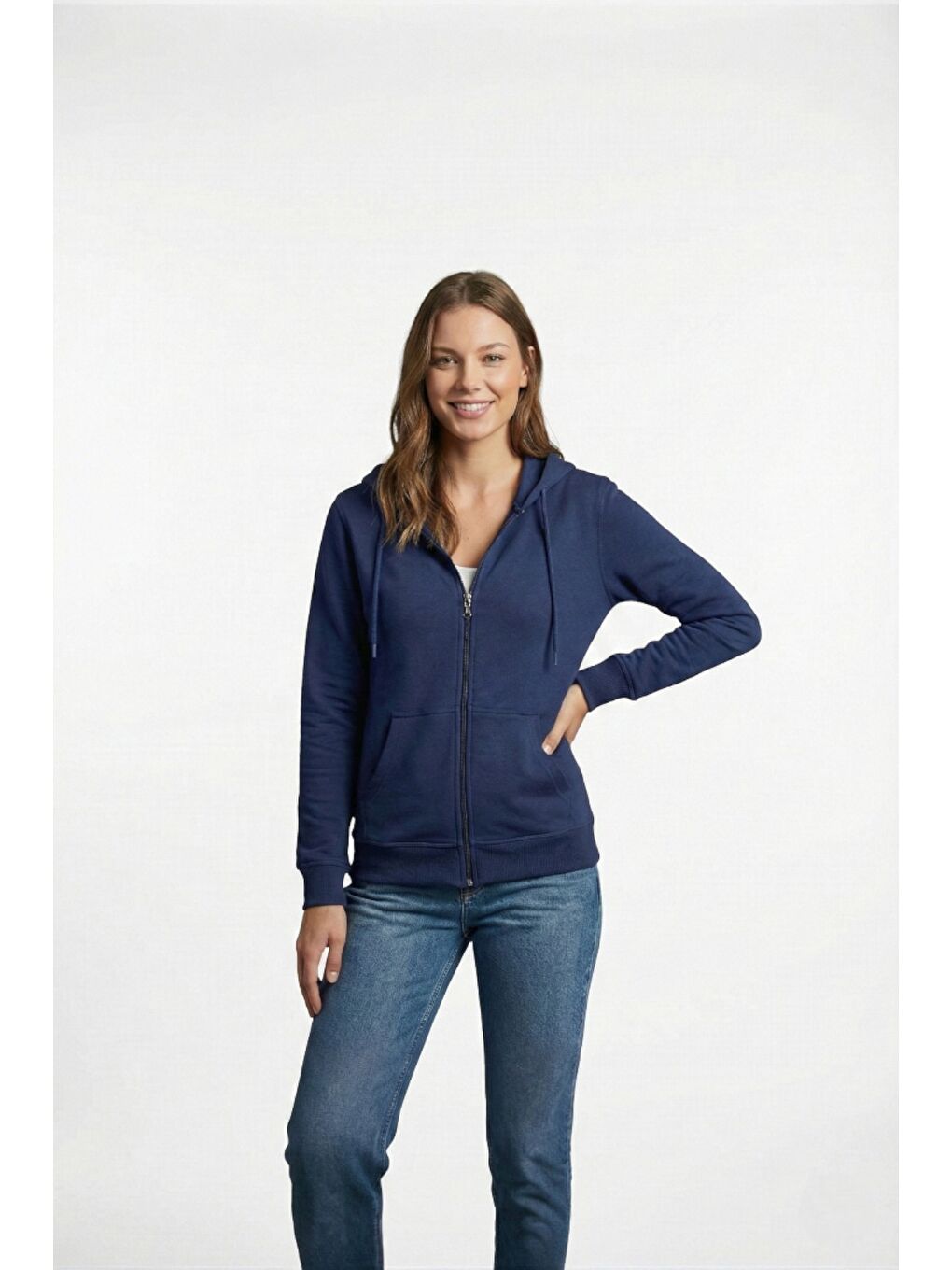 Lacivert %100 Pamuk Kapüşonlu Fermuarlı Basic Kadın Hırka
