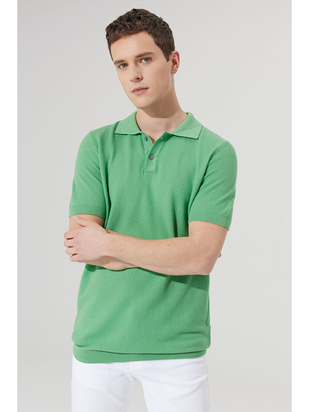 Erkek Yeşil Standart Fit Normal Kesim Polo Yaka %100 Pamuk Kısa Kollu Triko-6