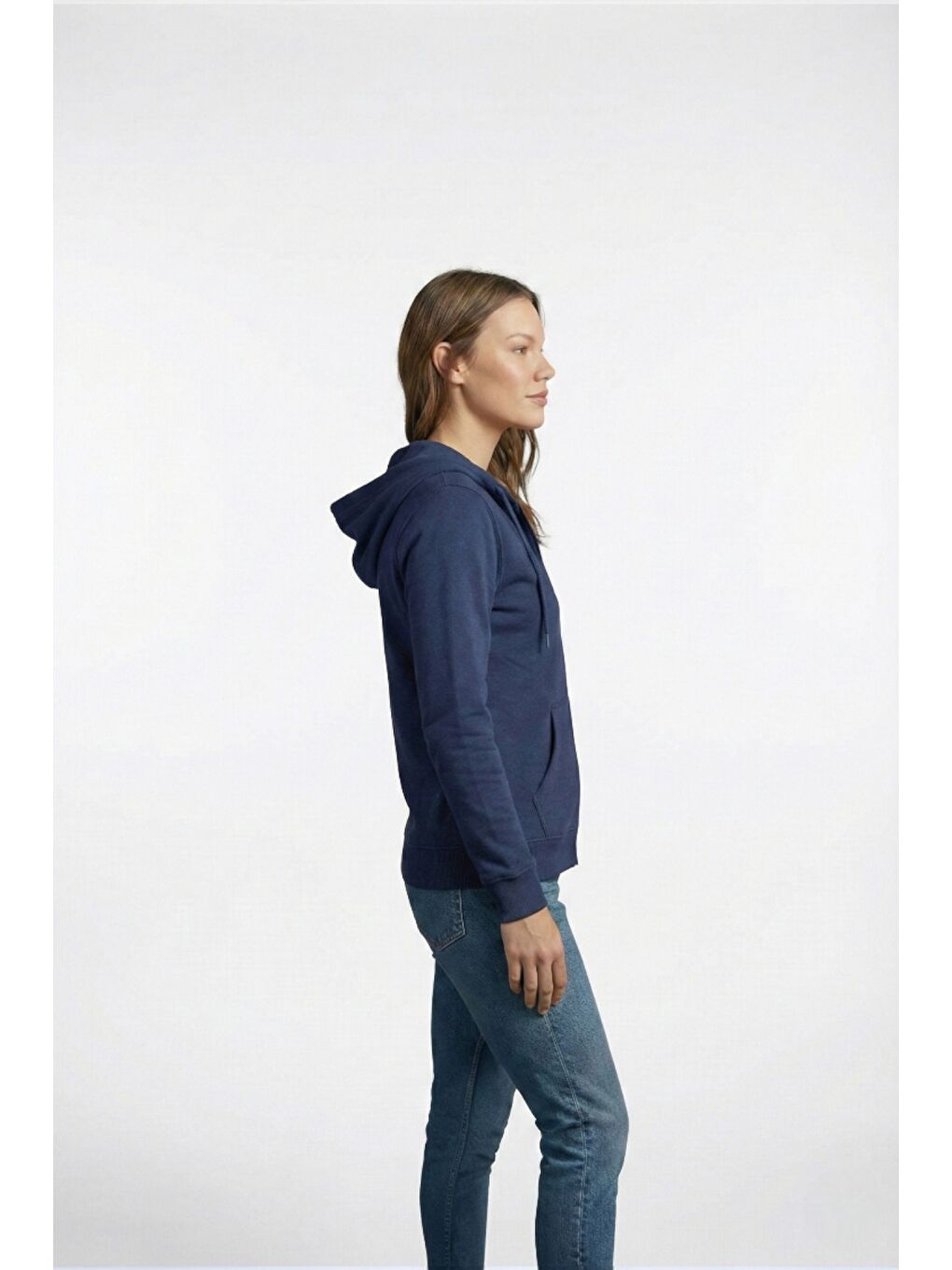 Lacivert %100 Pamuk Kapüşonlu Fermuarlı Basic Kadın Hırka-1
