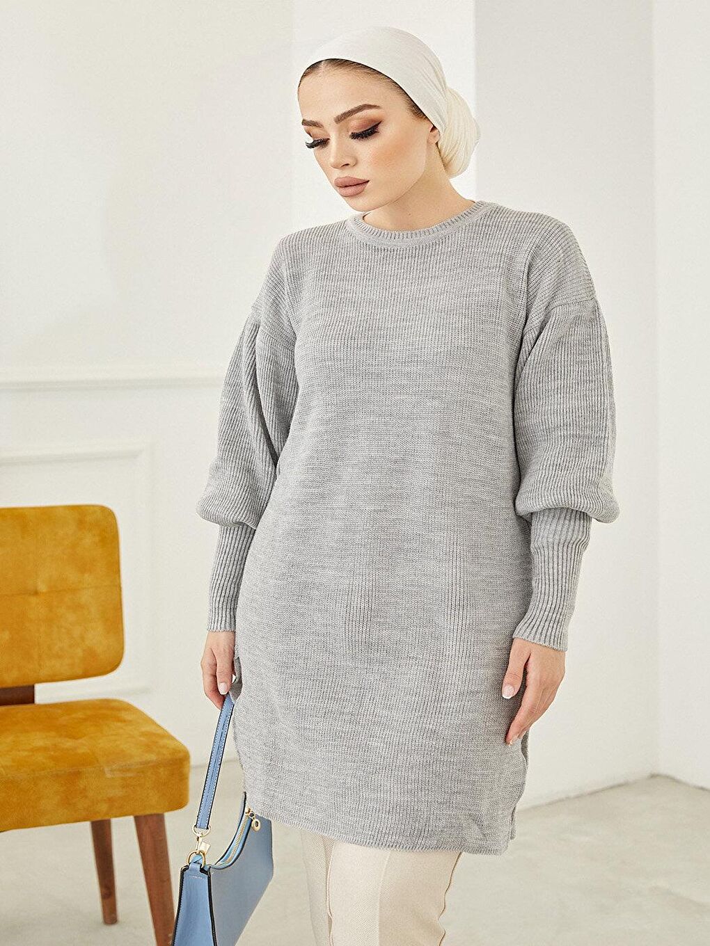 Balon Kol Kadın Gri Triko Kazak-5