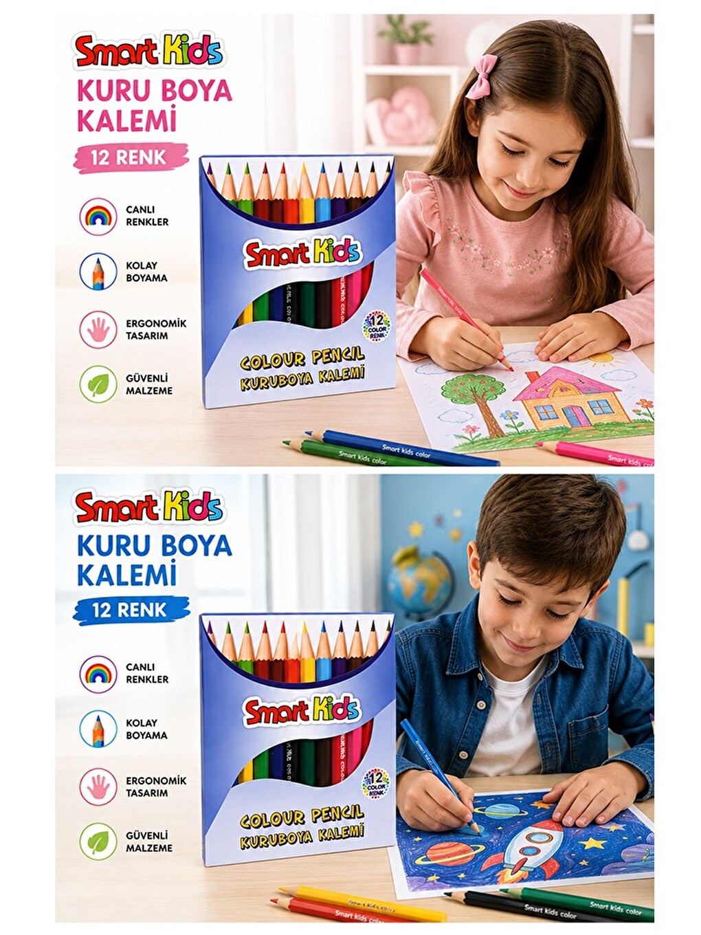 12 Li Kuru Boya Kalemi 1 Paket Smart Kids 12 Renk Kuruboya Kısa Boy Canlı Renkli Boya Kalem Öğrenci-2