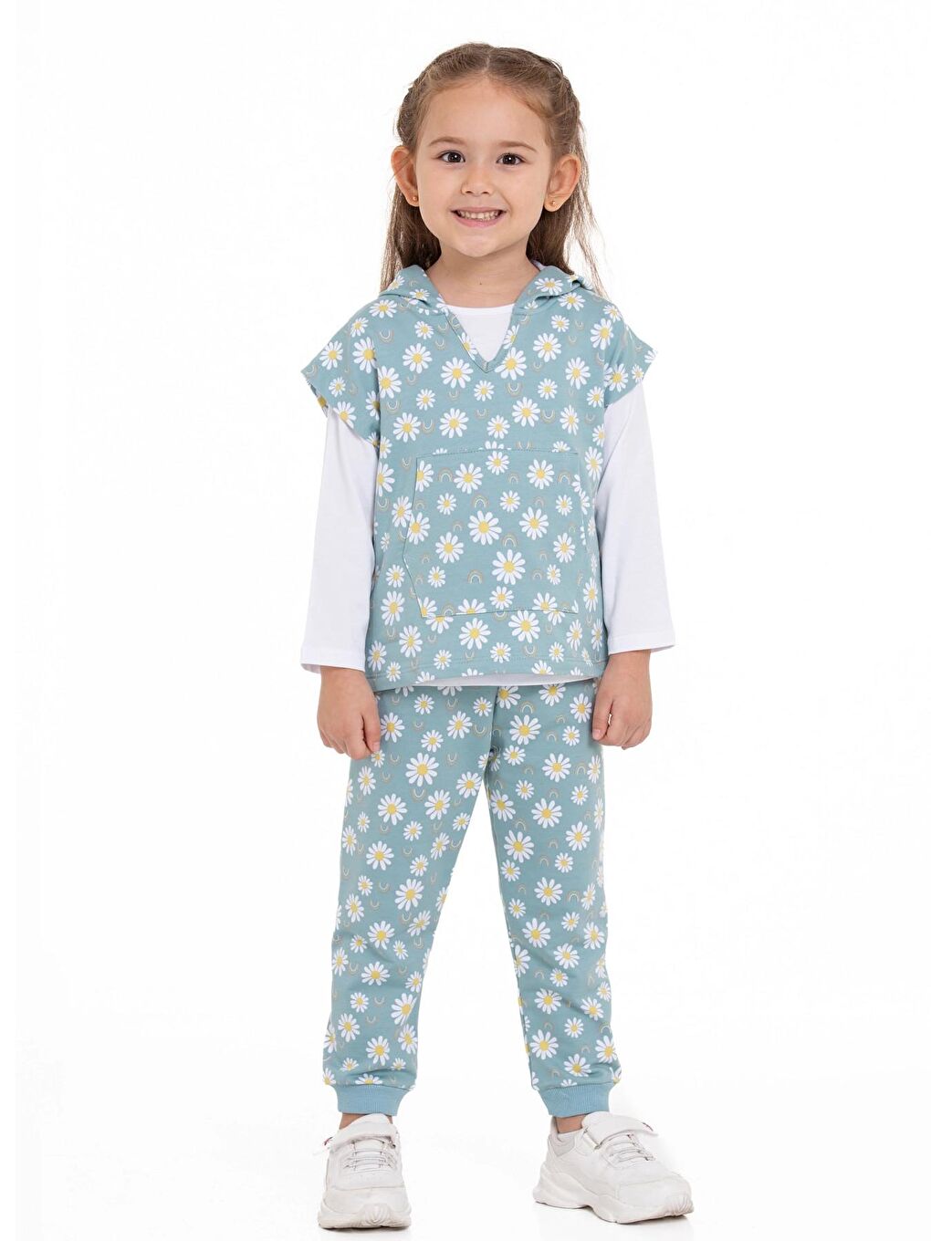 Yeşil Papatya Desenli 3'lü Yelekli Takım