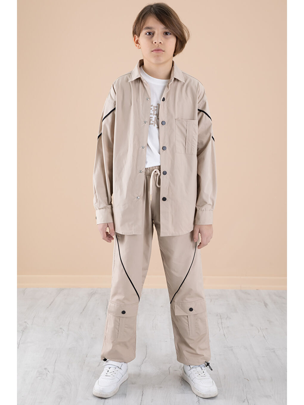 Bej Erkek Çocuk 3'lü Takım Tişört Gömlek Pantolon 20232