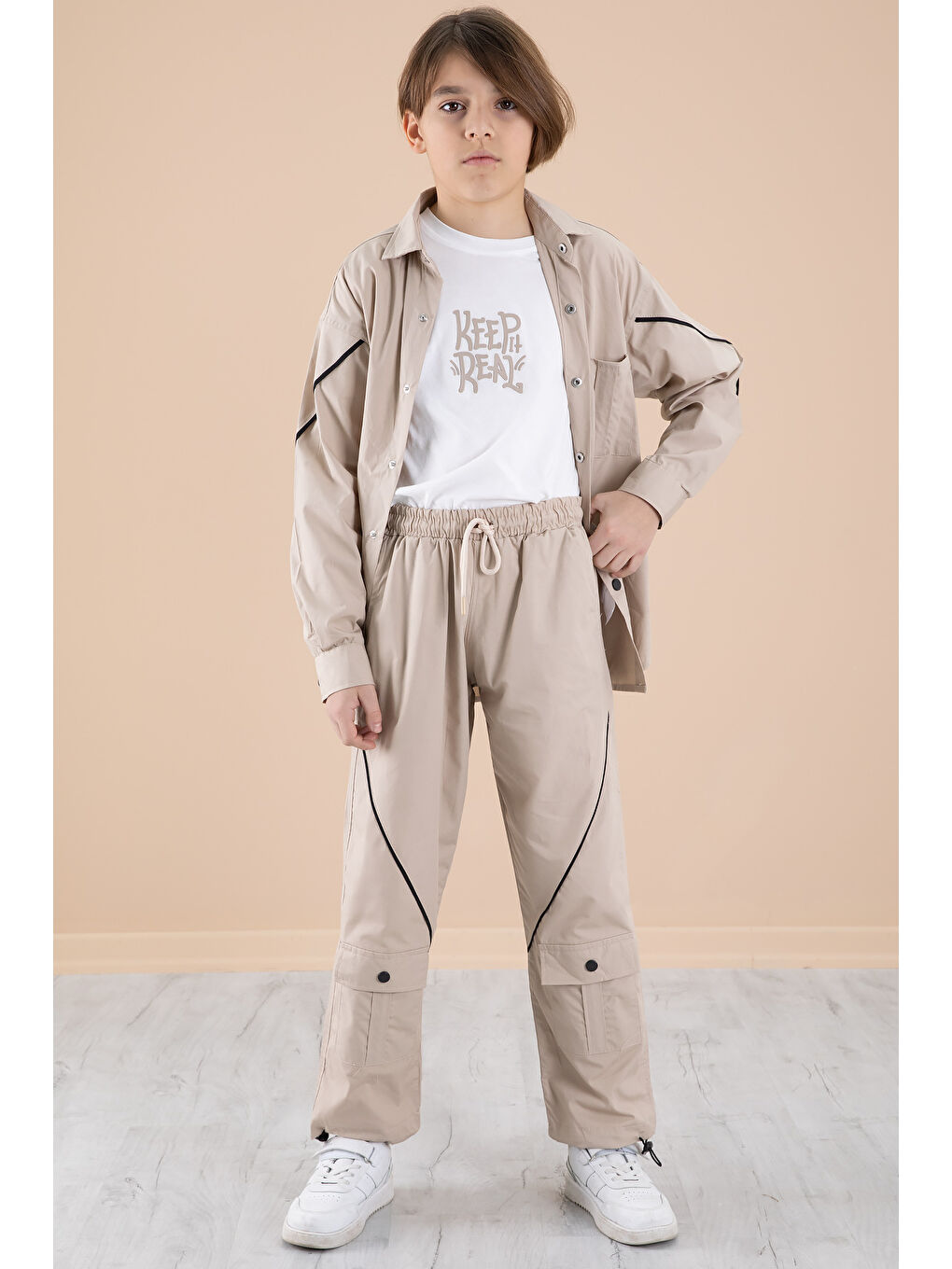 Bej Erkek Çocuk 3'lü Takım Tişört Gömlek Pantolon 20232-1