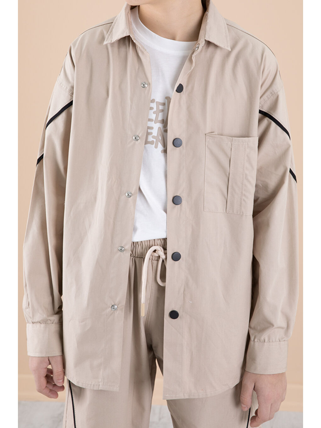 Bej Erkek Çocuk 3'lü Takım Tişört Gömlek Pantolon 20232-2