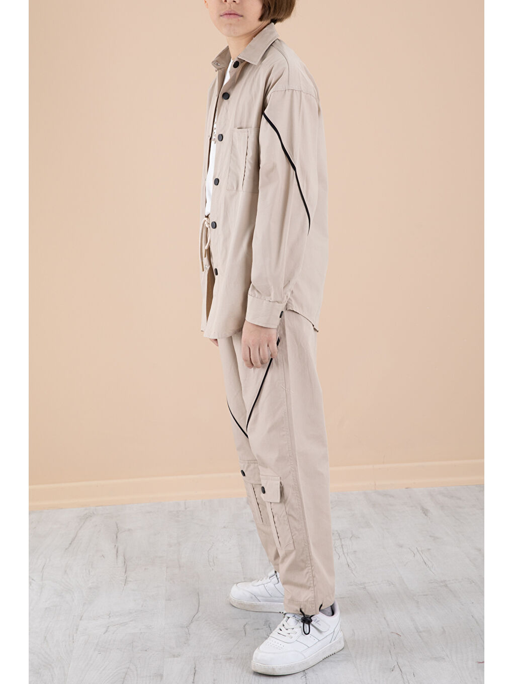 Bej Erkek Çocuk 3'lü Takım Tişört Gömlek Pantolon 20232-4