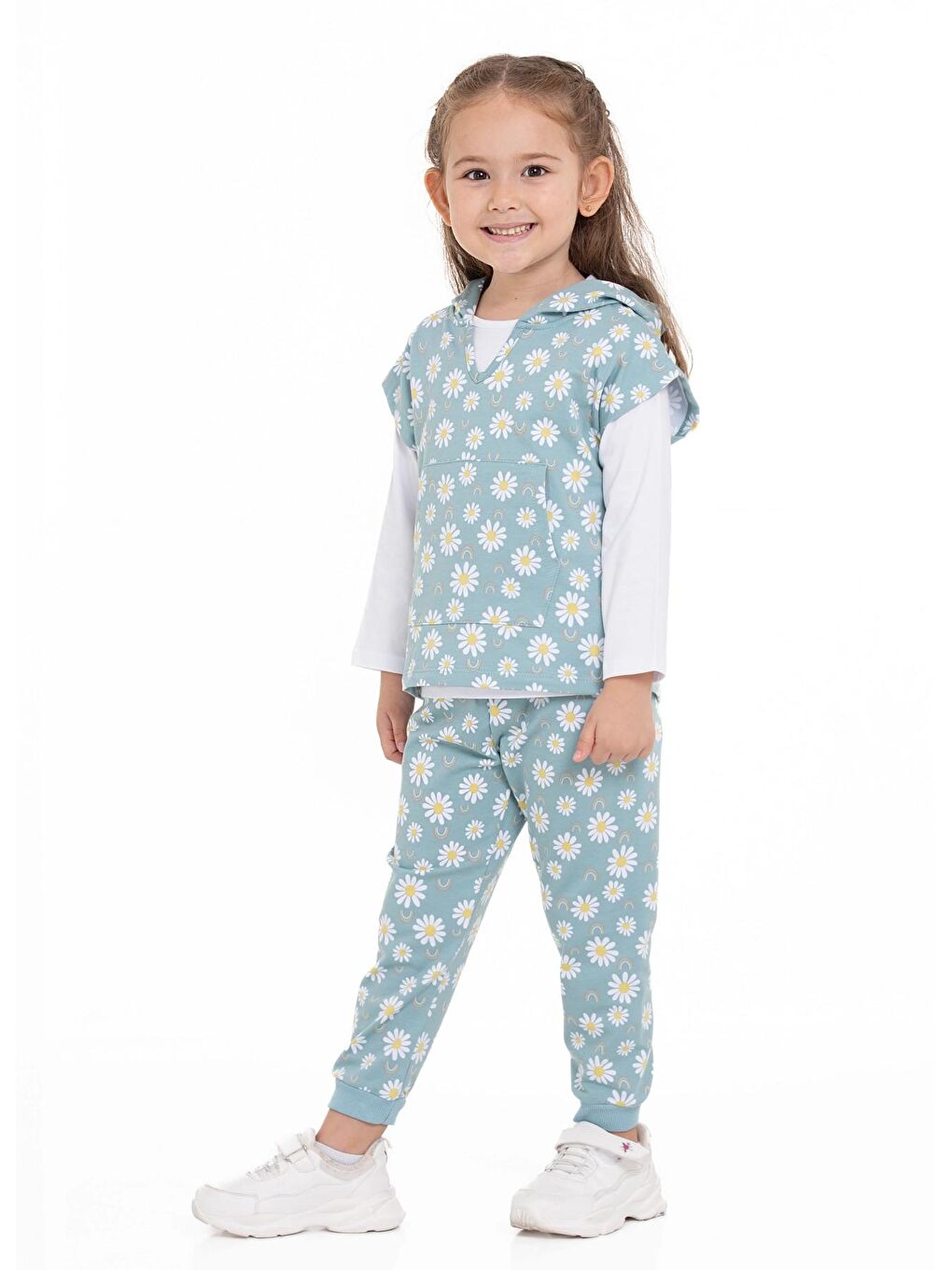 Yeşil Papatya Desenli 3'lü Yelekli Takım-1