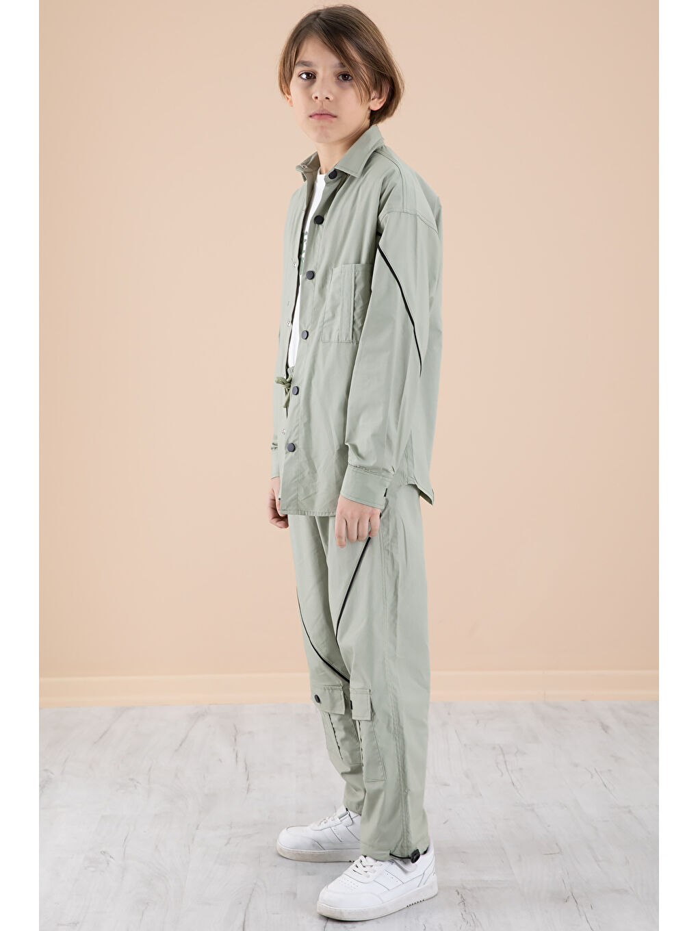 Haki Erkek Çocuk 3'lü Takım Tişört Gömlek Pantolon 20231-2