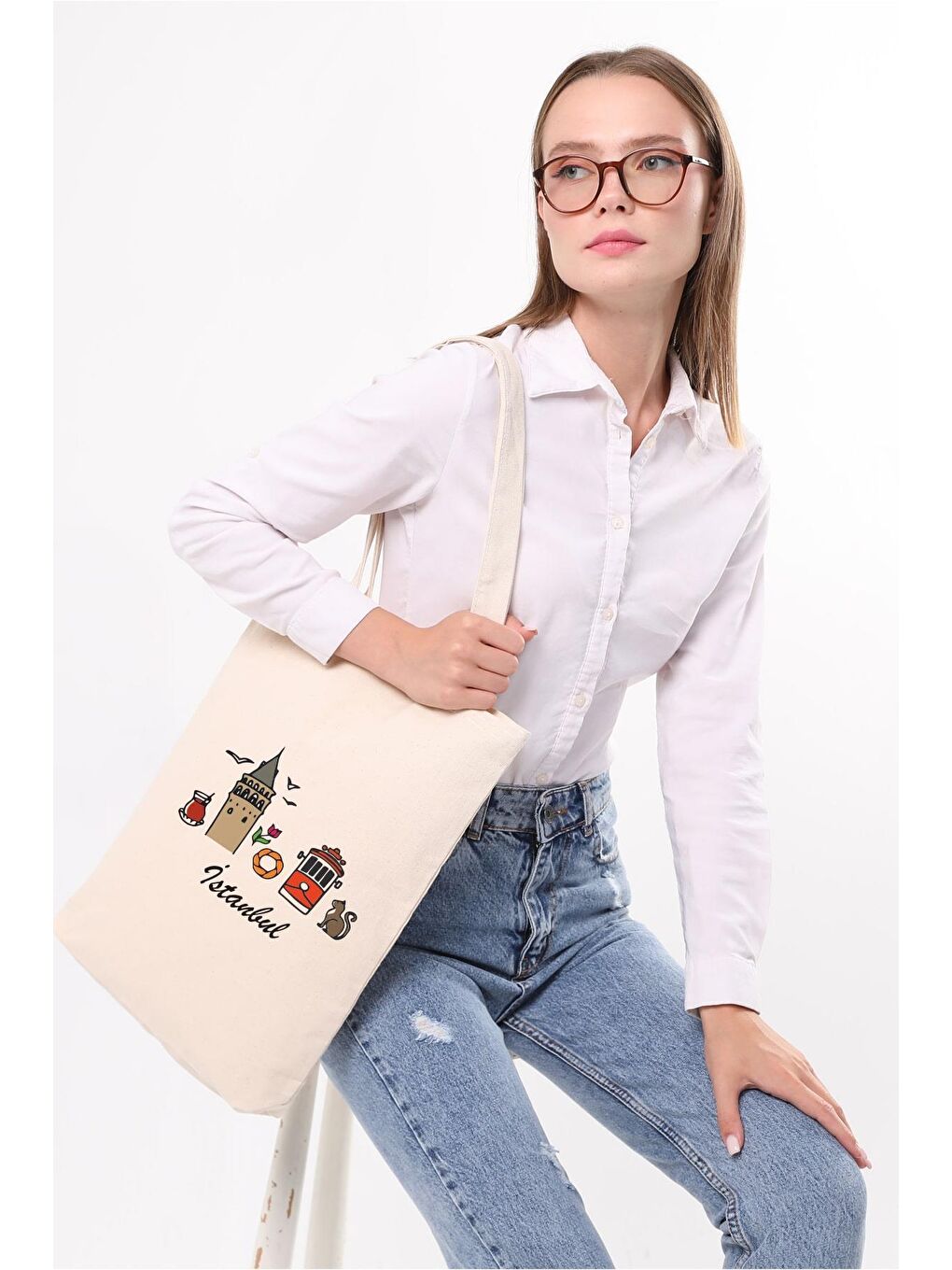 Ekru Kanvas İstanbul Galata Çay Baskılı Bez Çanta-1