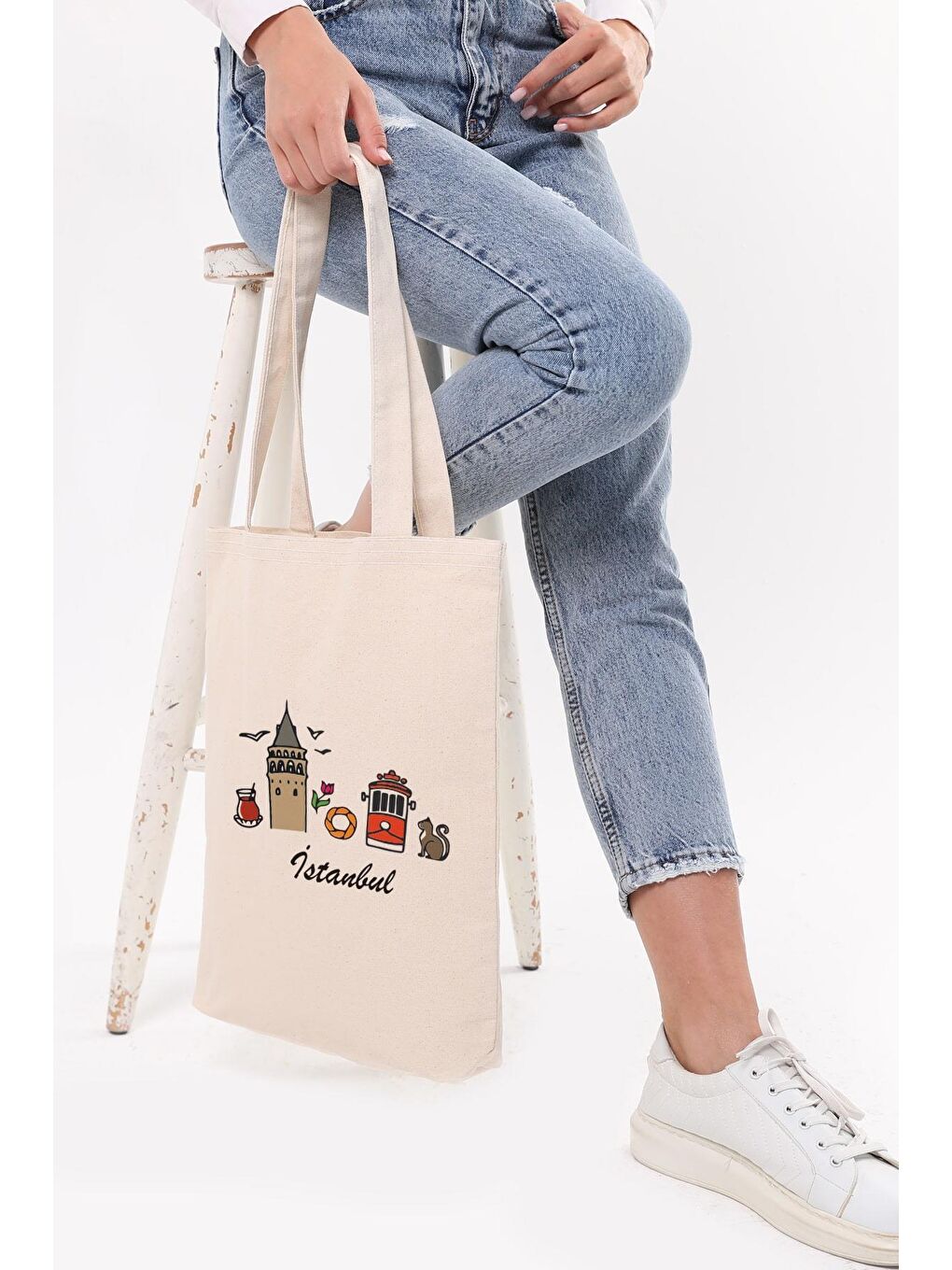 Ekru Kanvas İstanbul Galata Çay Baskılı Bez Çanta-2